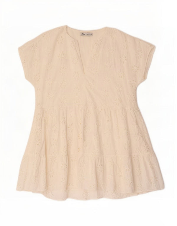 Zara Vestido Escalonado Extragrande para Mujer UK 46 Grande Algodón Floral Blanco Roto