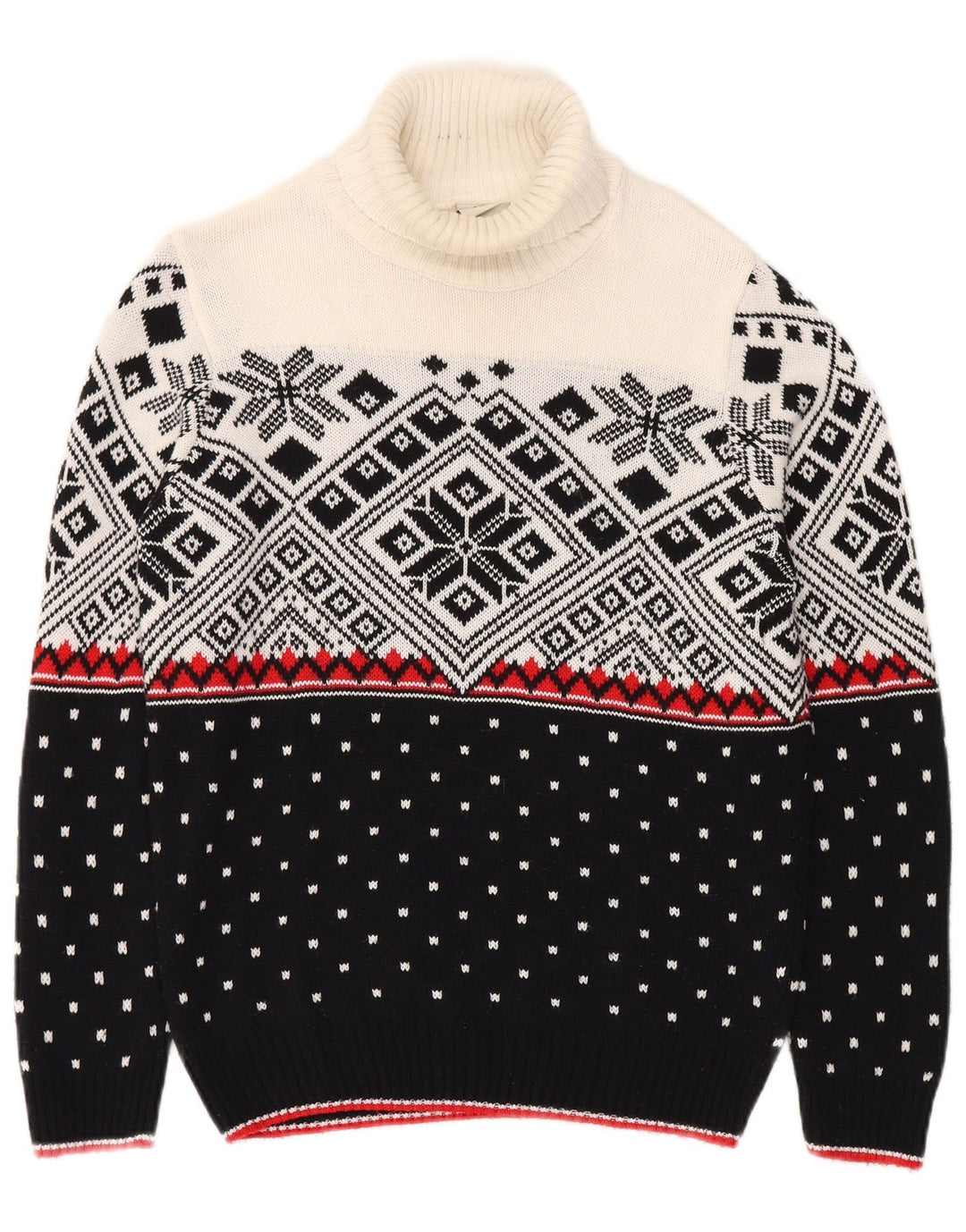 Vintage hombres rollo cuello jersey suéter pequeño negro Fair Isle