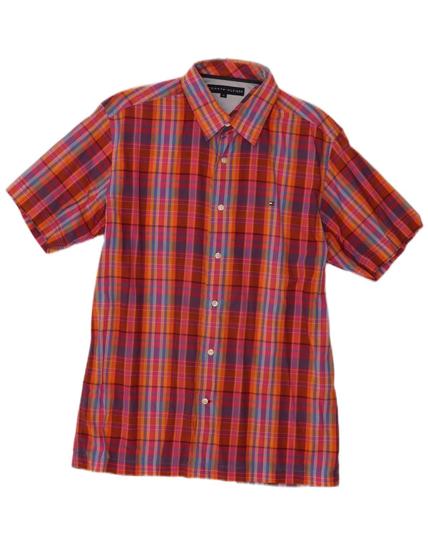 Camisa Tommy Hilfiger de manga corta de algodón a cuadros rojos medianos para hombre