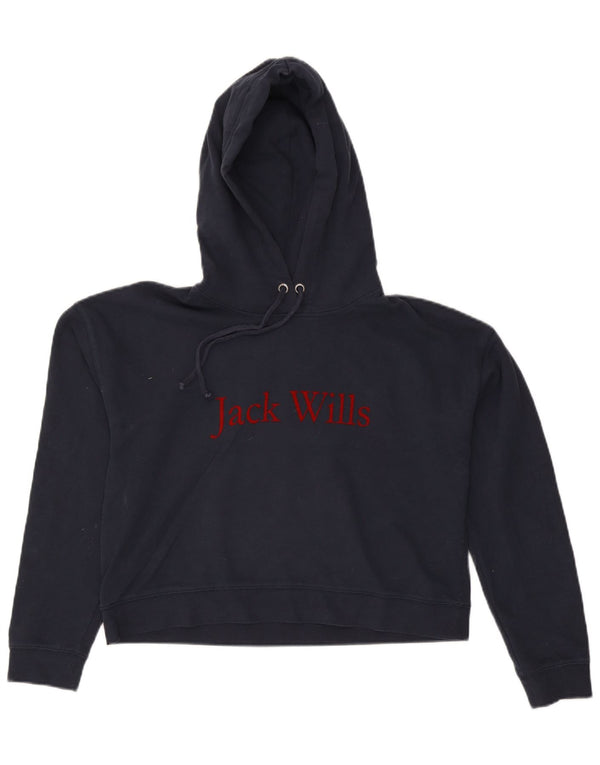 Jack Wills Womens Crop Graphic Hoodie Jumper UK 12 Medium Navy Blue Cotton