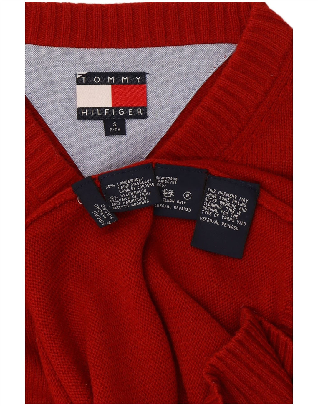 TOMMY HILFIGER Jersey con cuello en V para hombre Small Red Lambswool