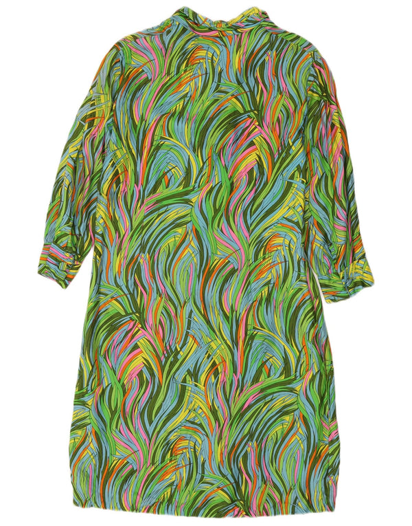 Vintage mujeres patrón abstracto 3/4 manga camisa vestido Reino Unido 12 verde medio