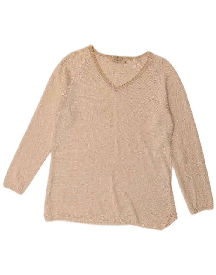Vintage Womens V-Neck Jumper Sweater UK 16 Large Beige Polyester
