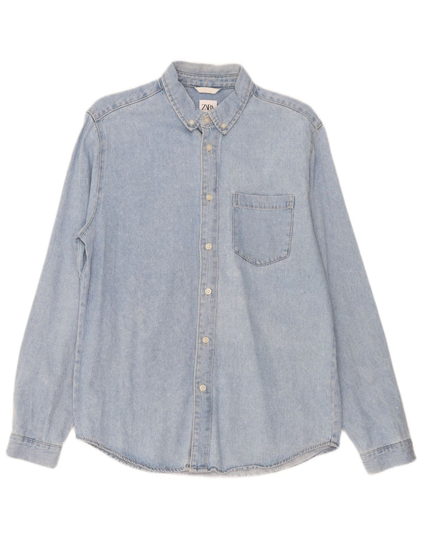 Zara Hombre Camisa Vaquera Algodón Azul Medio