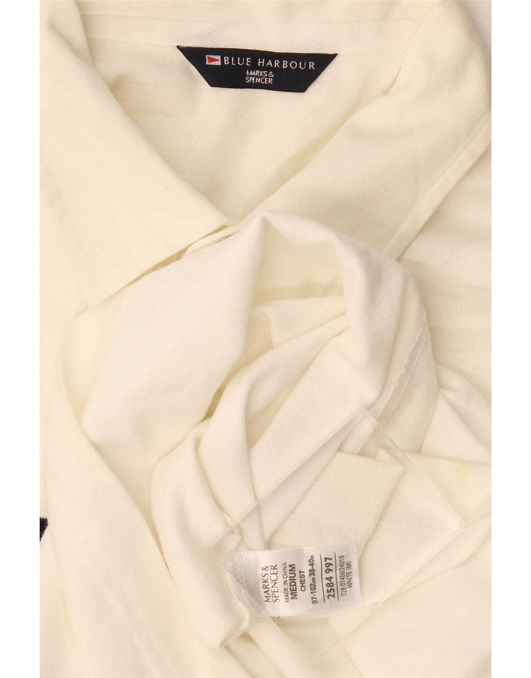 Marks & Spencer Polo azul Harbor para hombre, tamaño mediano, color blanco roto, a rayas
