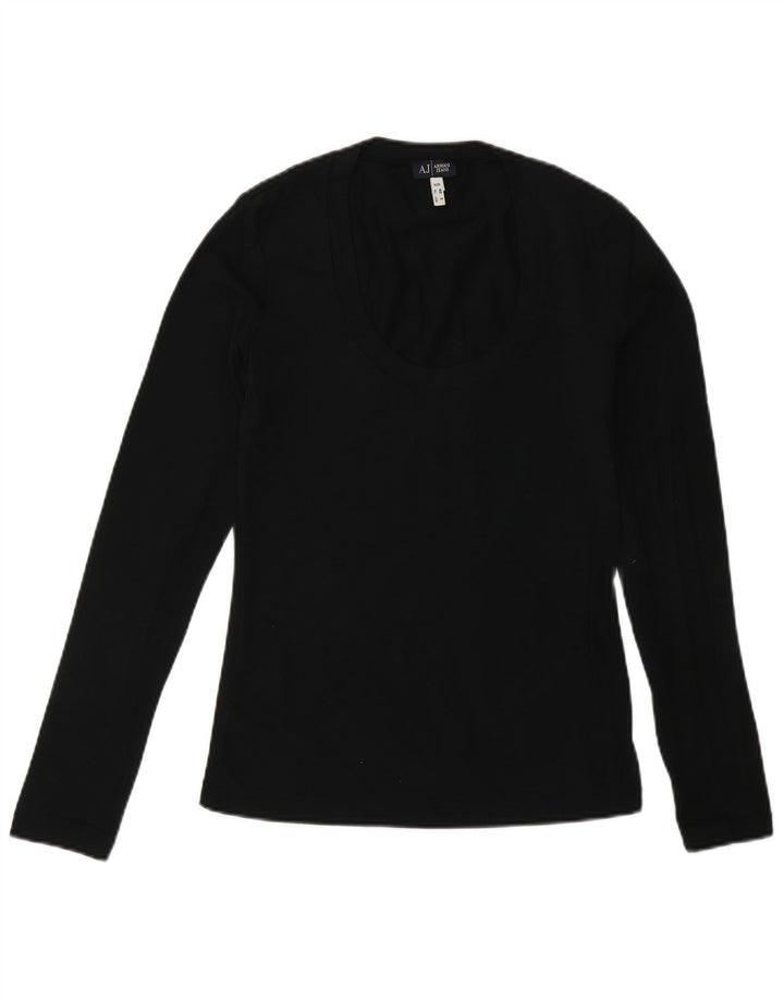 ARMANI JEANS Top Mujer Manga Larga UK 10 Pequeño Algodón Negro