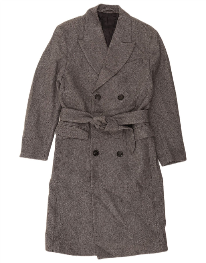 Zara Hombre Abrigo De Doble Botonadura UK 38 Lana De Espiga Gris Medio