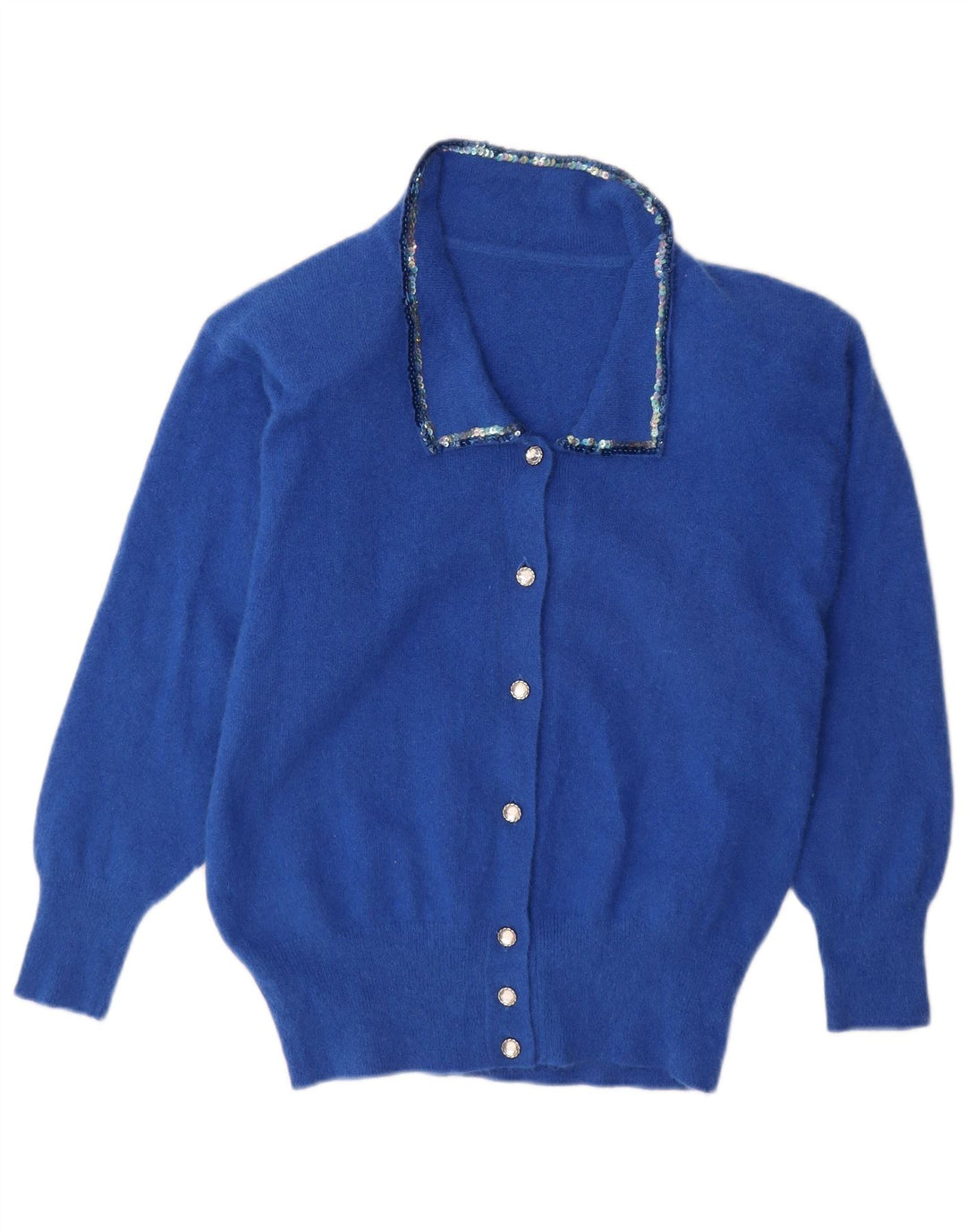 VINTAGE Mujer Cardigan Suéter Reino Unido 16 Grande Azul Angora