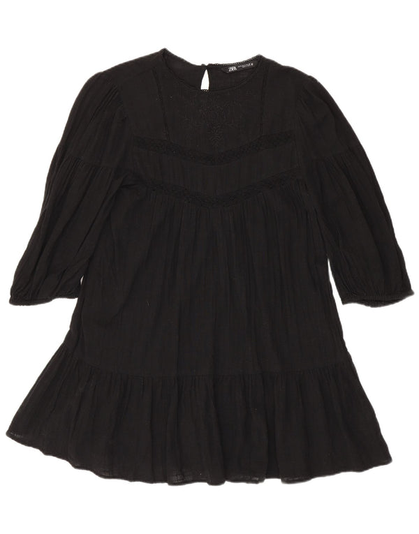 Zara Vestido Escalonado De Manga 3/4 para Mujer UK 40 Pequeño Algodón Floral Negro