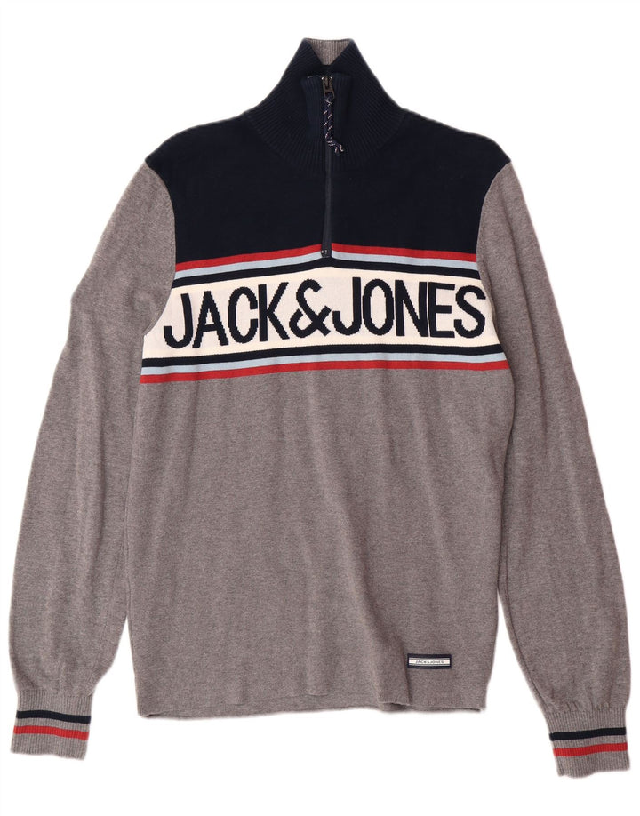 JACK & JONES Jersey con cuello y cremallera gráfico para hombre Small Grey Colourblock