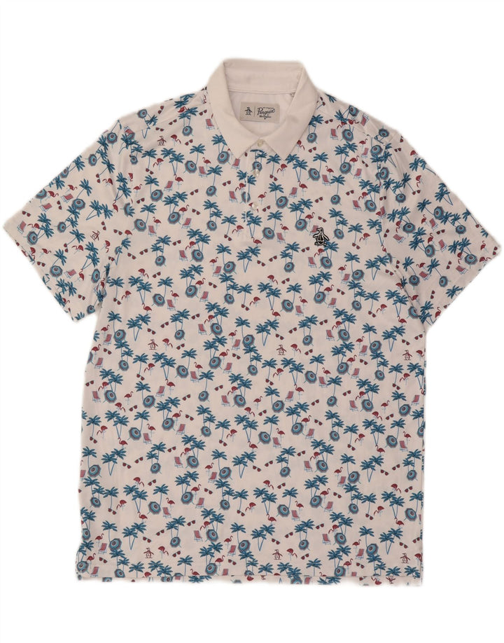 PENGUIN Mens Graphic Polo Shirt Large White Polyester Hawaiian Vintage Penguin and Second-Hand Penguin from Messina Hembry 