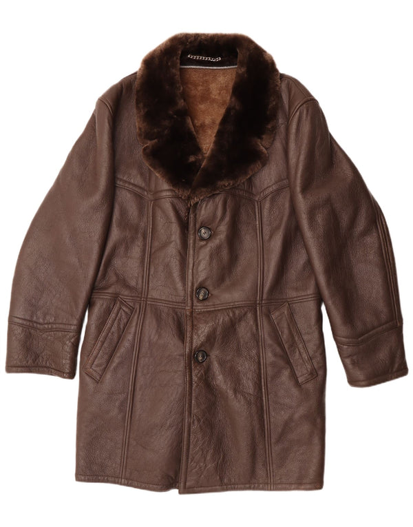 Vintage hombres shearling abrigo Reino Unido 36 pequeño cuero marrón