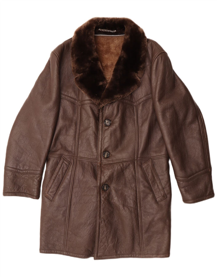Vintage hombres shearling abrigo Reino Unido 36 pequeño cuero marrón