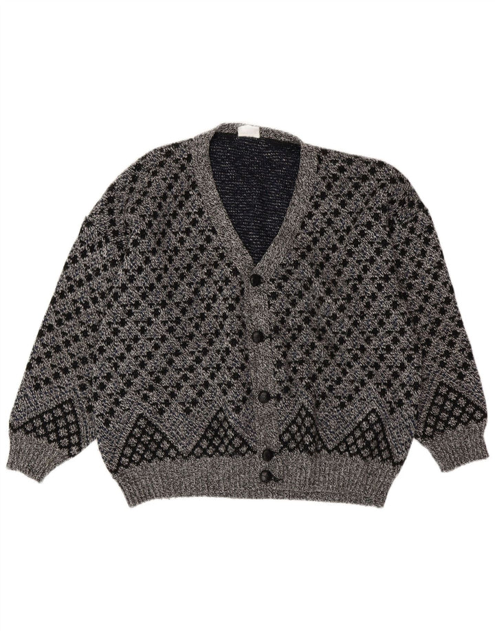VINTAGE Hombres Cardigan Suéter XL Gris Lana Geométrica
