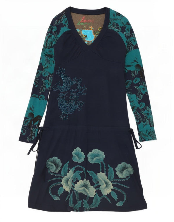 Desigual Womens Graphic Long Sleeve A-Line Dress UK 4 XS Navy Blue Floral
