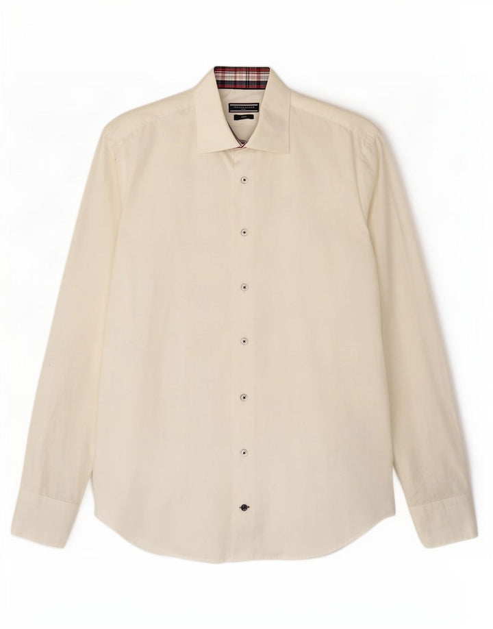 Tommy Hilfiger Camisa ajustada a medida para hombre Talla 40 15 3/4 Mediano Blanco roto
