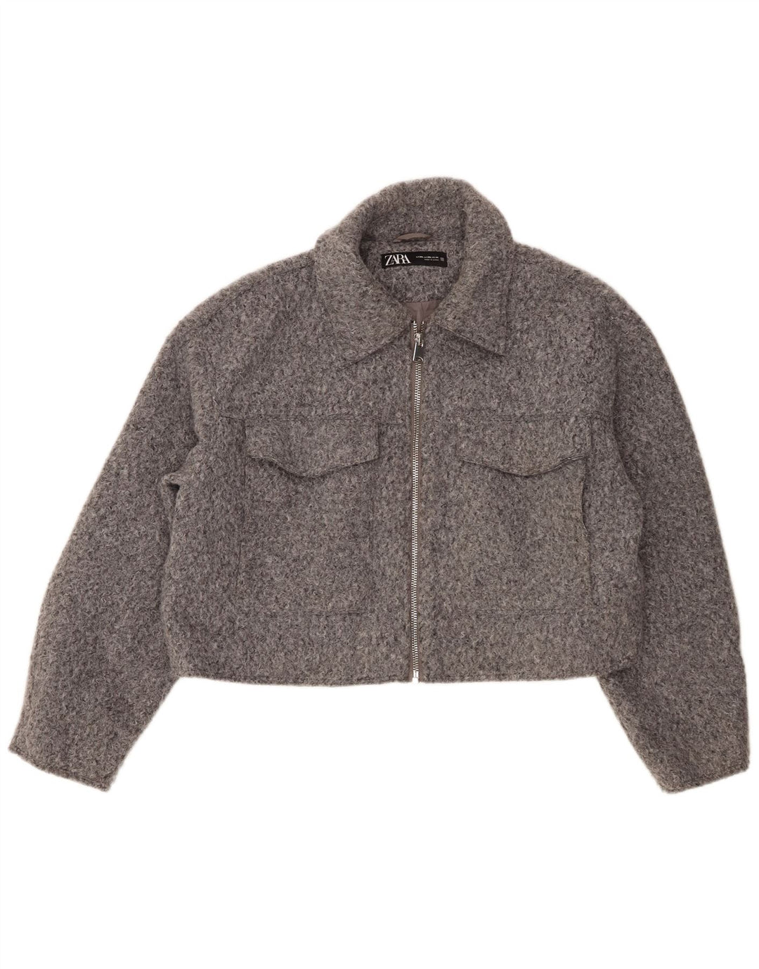 Zara Mujer Crop Bomber Jacket UK 20 2XL Gris Poliéster