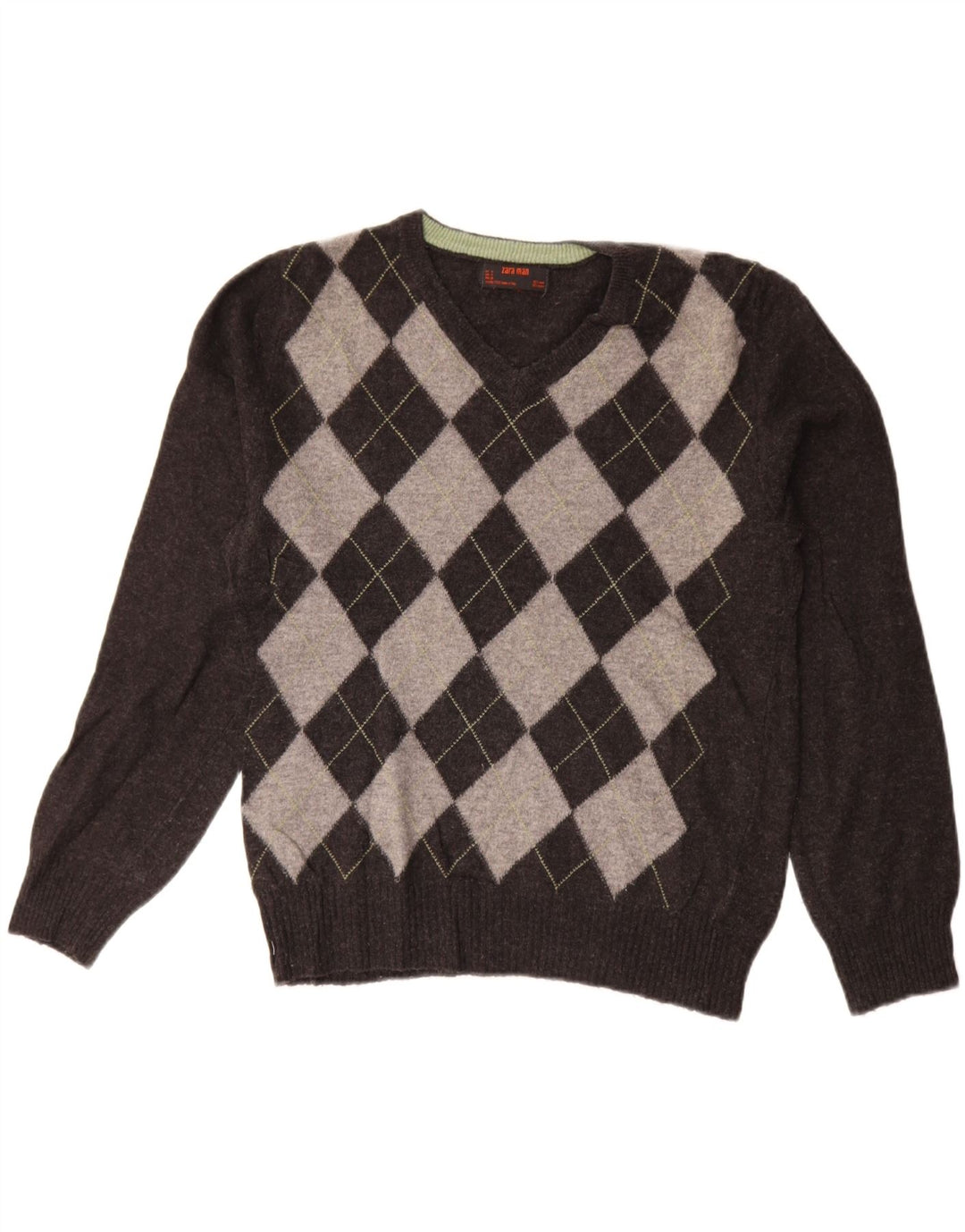 ZARA Hombre Jersey Con Cuello En V Gris Medio Argyle/Lana Diamante