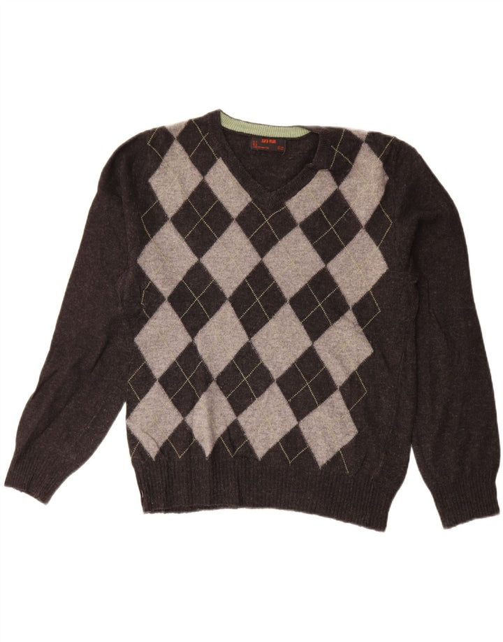 ZARA Hombre Jersey Con Cuello En V Gris Medio Argyle/Lana Diamante