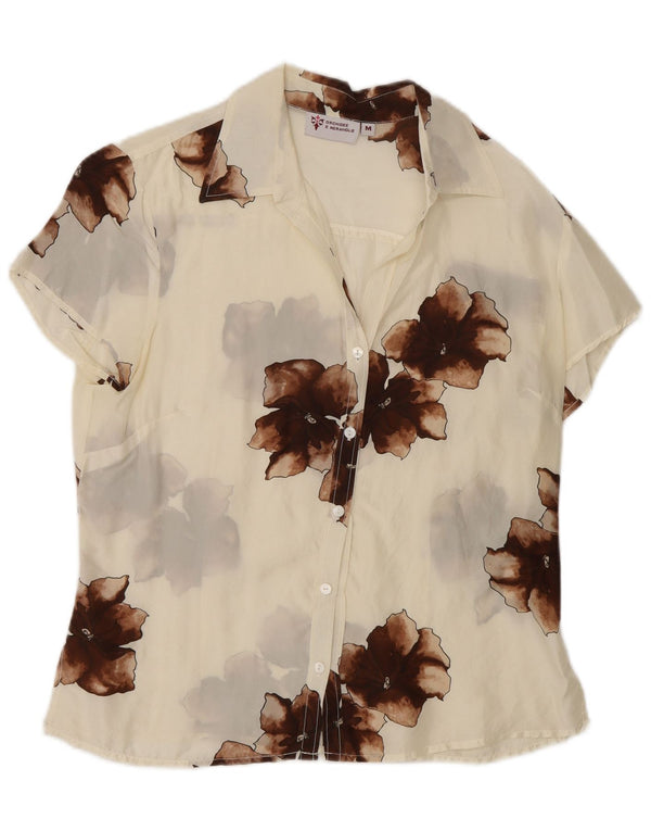 Vintage mujer camisa de manga corta blusa Reino Unido 14 medio blanco floral