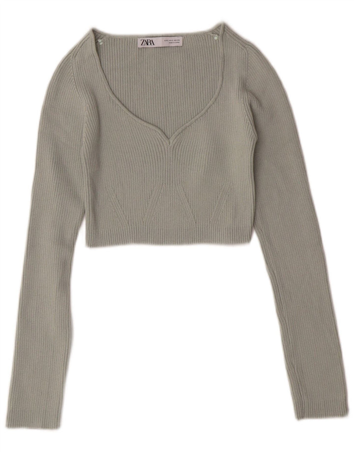 ZARA Mujer Crop V-Cuello Jersey Jersey UK 8 Small Verde Poliéster