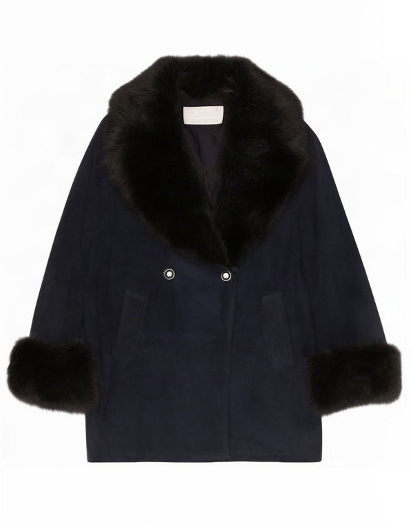 Pancaldi & B Abrigo cruzado de ante para mujer UK 40 XL Piel de oveja azul marino