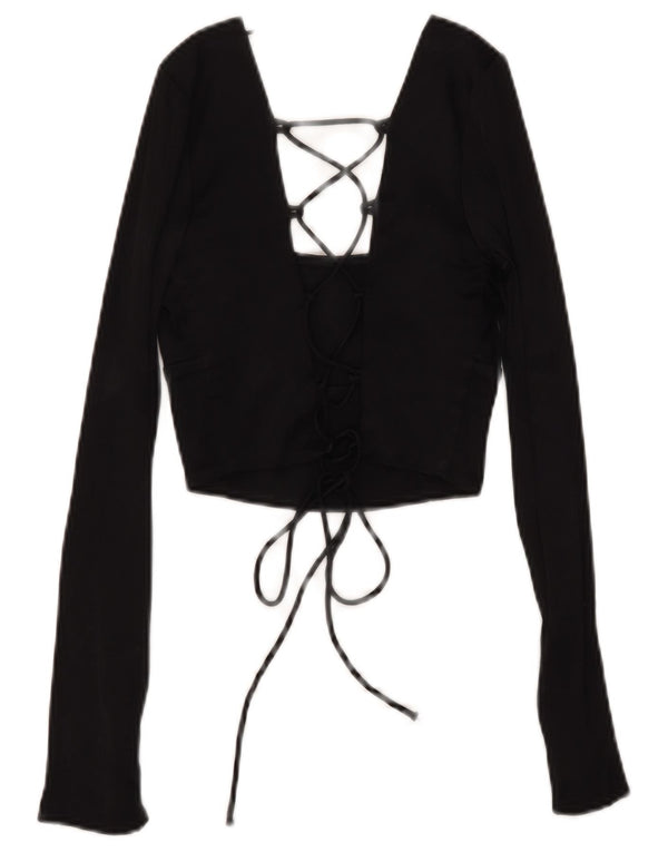 Zara Blusa Corta De Manga Larga Para Mujer Top UK 6 XS Viscosa Negra
