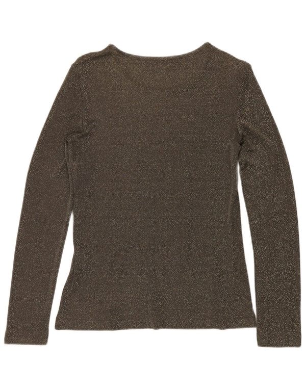 VINTAGE Mujer Top Manga Larga Reino Unido 12 Viscosa moteada verde medio