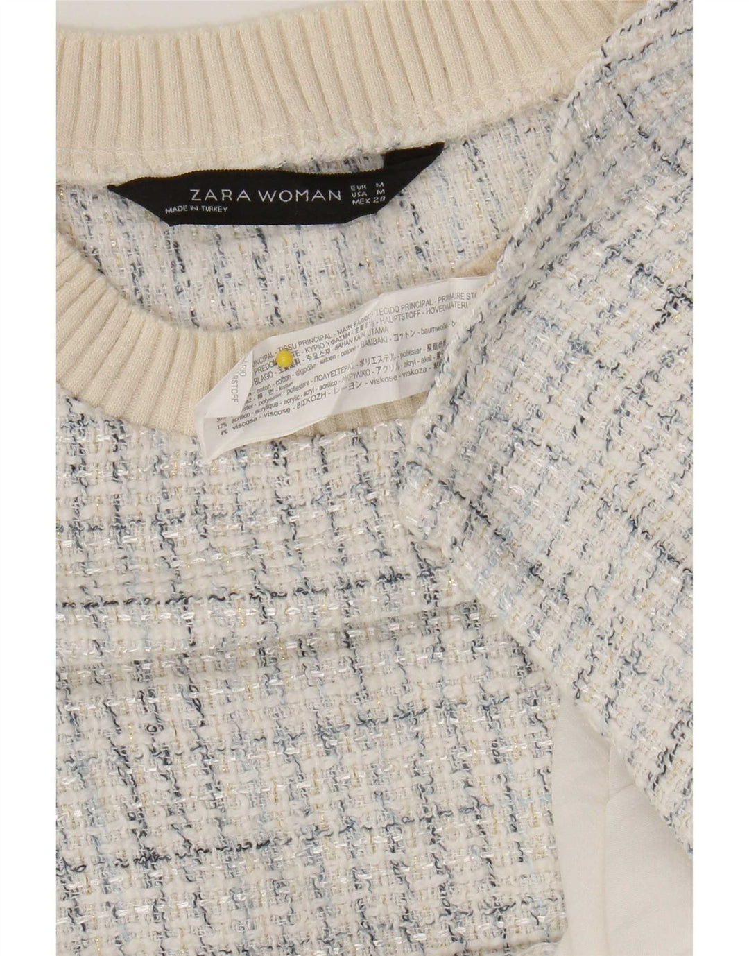 Zara Mujer Blusa Top Reino Unido 44 Medio Blanco Cuadros Algodón