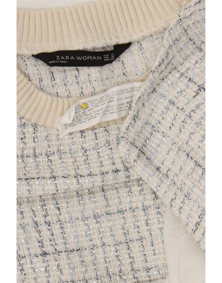 Zara Mujer Blusa Top Reino Unido 44 Medio Blanco Cuadros Algodón