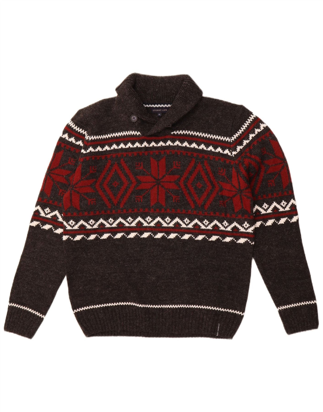 Vintage hombres chal cuello jumper suéter medio gris Fair Isle