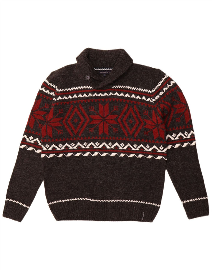 Vintage hombres chal cuello jumper suéter medio gris Fair Isle