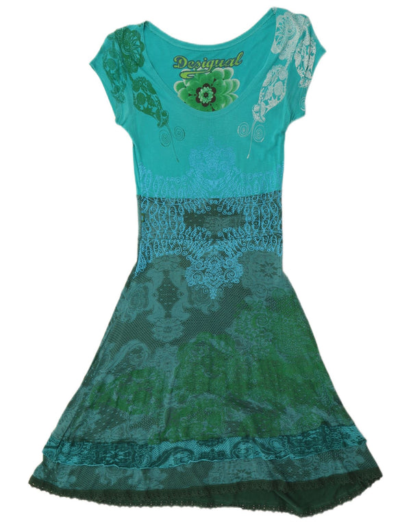 Desigual Vestido Gráfico A-Line para Mujer UK 8 Small Verde Floral Viscosa