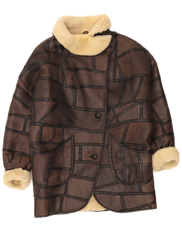 Vintage mujer shearling abrigo Reino Unido 18 XL marrón patchwork