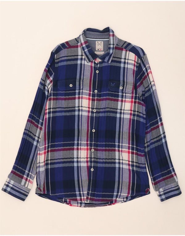 Crew Clothing Camisa de franela de corte entallado para hombre XL Algodón a cuadros azul
