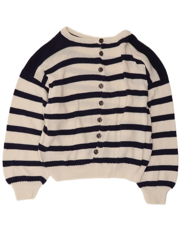 VINTAGE Mujer Barco Cuello Jersey Suéter Reino Unido 14 Grande Azul Marino Náutico