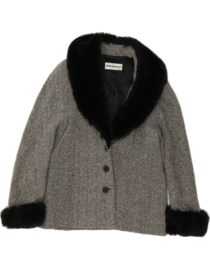 JOHN BENTLEY Womens 3 Button Blazer Jacket UK 14 Large Black Herringbone Vintage John Bentley and Second-Hand John Bentley from Messina Hembry 