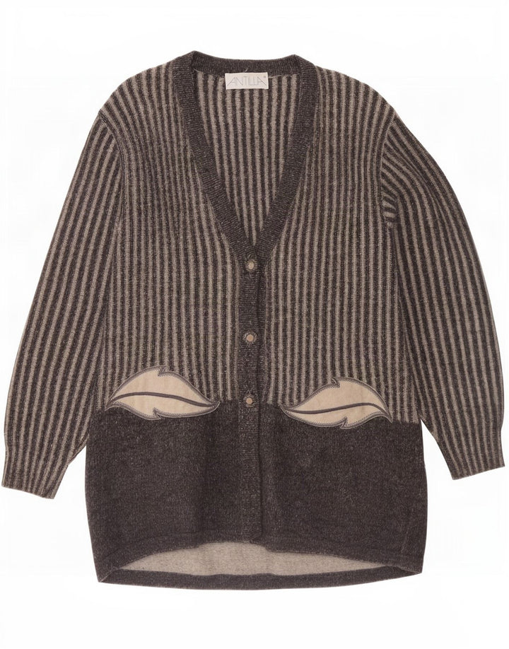 Vintage mujer longline cardigan suéter Reino Unido 14 lana de rayas gris medio