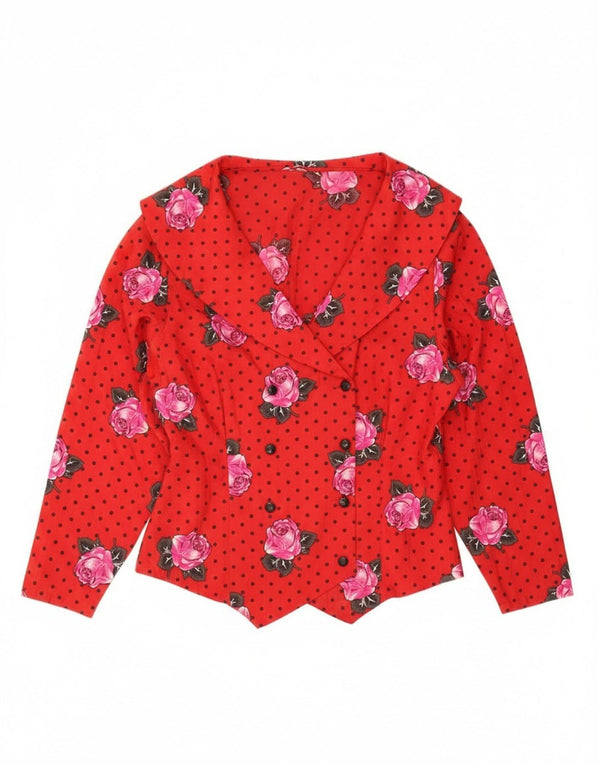 Vintage mujer camisa blusa Reino Unido 14 medio rojo floral poliéster