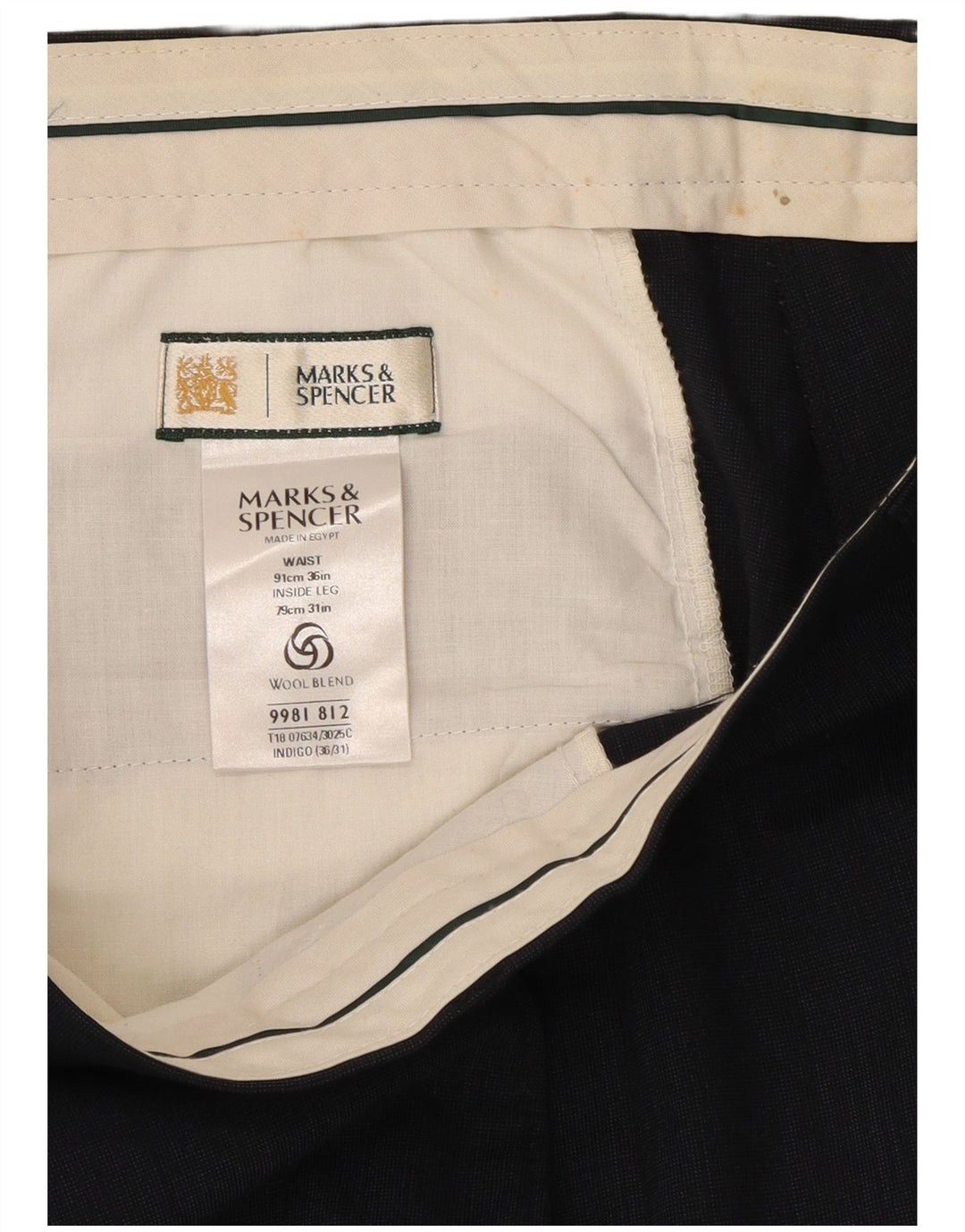 Marks & Spencer Pantalón de traje con pinzas para hombre W36 L31 Poliéster azul marino