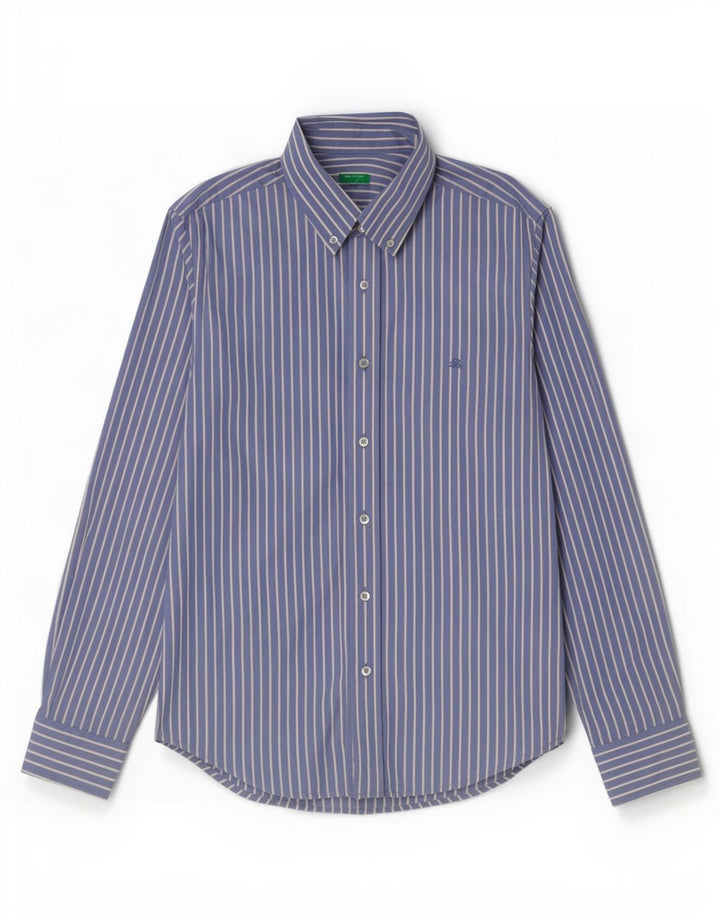 Camisa Benetton Hombre Algodón Rayas Azul Medio