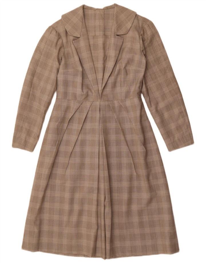 Vintage mujer manga larga A-Line vestido Reino Unido 12 cheque gris medio