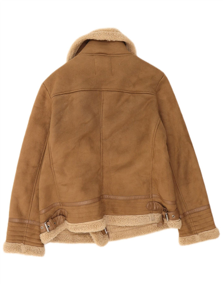 Zara Mujer Sherpa Chaqueta UK 46 Grande Poliéster Beige