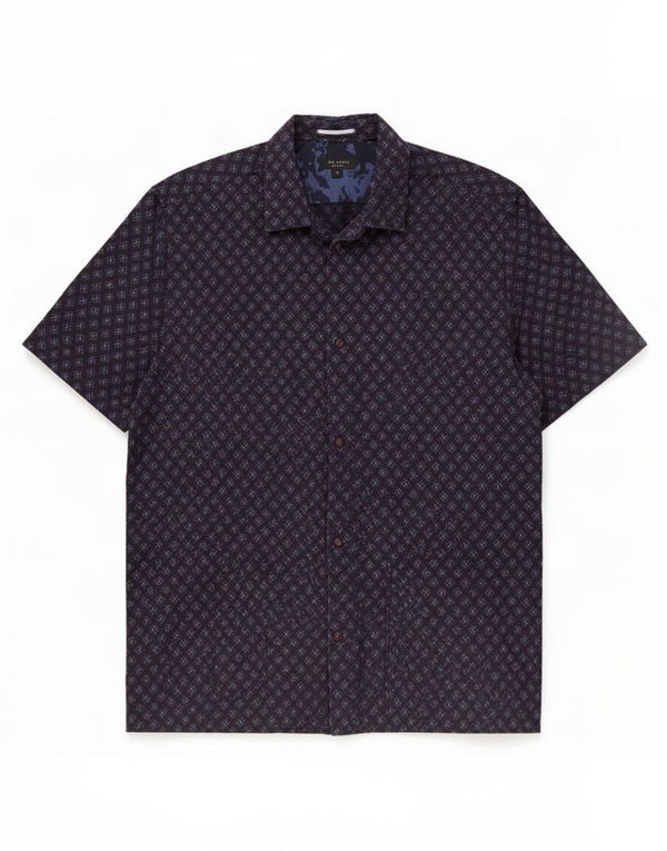 Ted Baker Camisa de manga corta para hombre Talla 5 XL Algodón geométrico azul marino