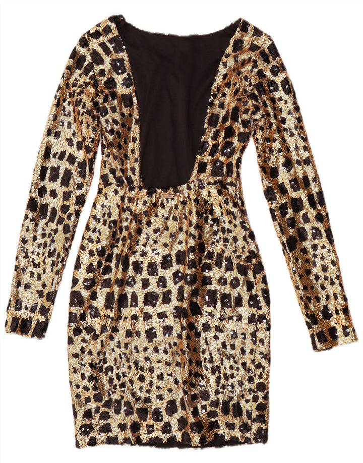 GUESS Vestido ajustado de lentejuelas de manga larga para mujer UK 6 XS Oro geométrico