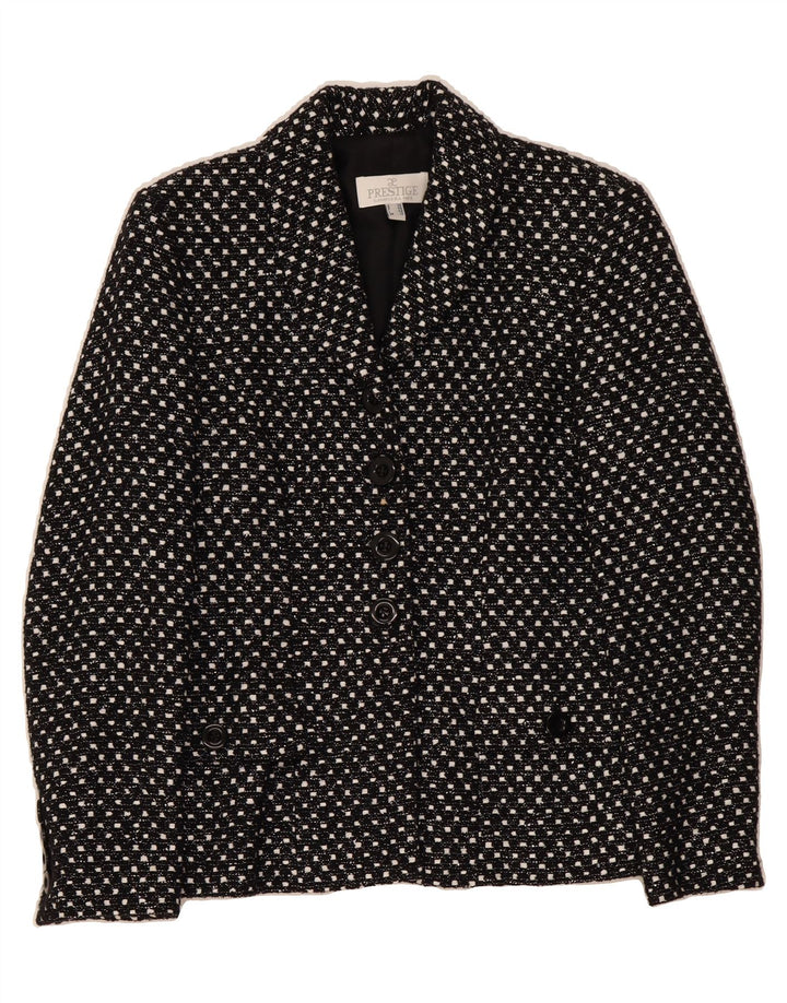 PRESTIGE Womens 4 Button Blazer Jacket UK 12 Medium  Black Spotted Wool Vintage Prestige and Second-Hand Prestige from Messina Hembry 