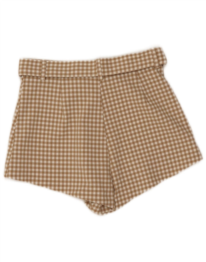 Zara Mujer Pantalones Cortos De Cintura Alta Pequeños W26 Beige Gingham Poliéster