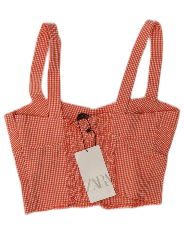 Zara Top corto sin mangas para mujer Reino Unido 8 Pequeño algodón a cuadros rojo