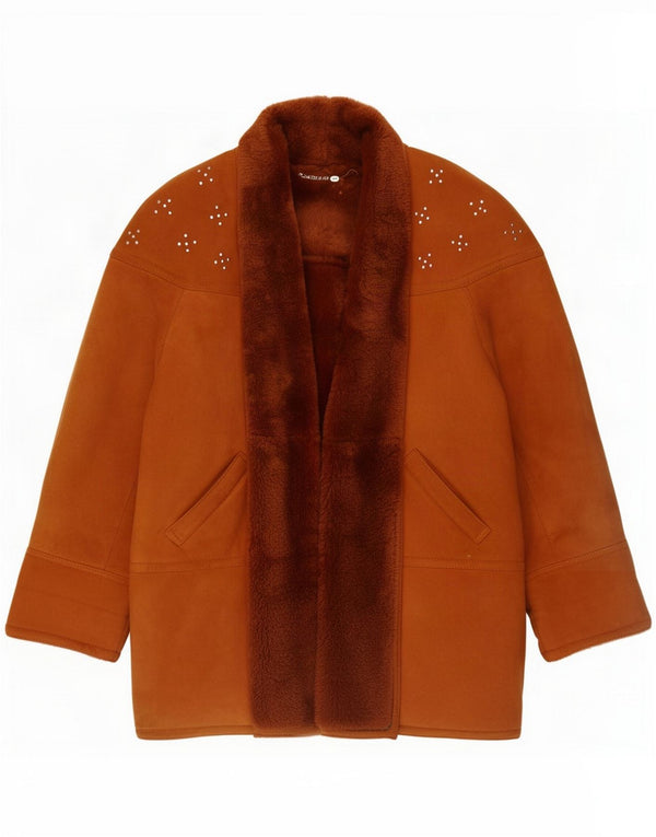 Abrigo de piel de oveja abierto de gran tamaño para mujer vintage EU 36 Small Brown