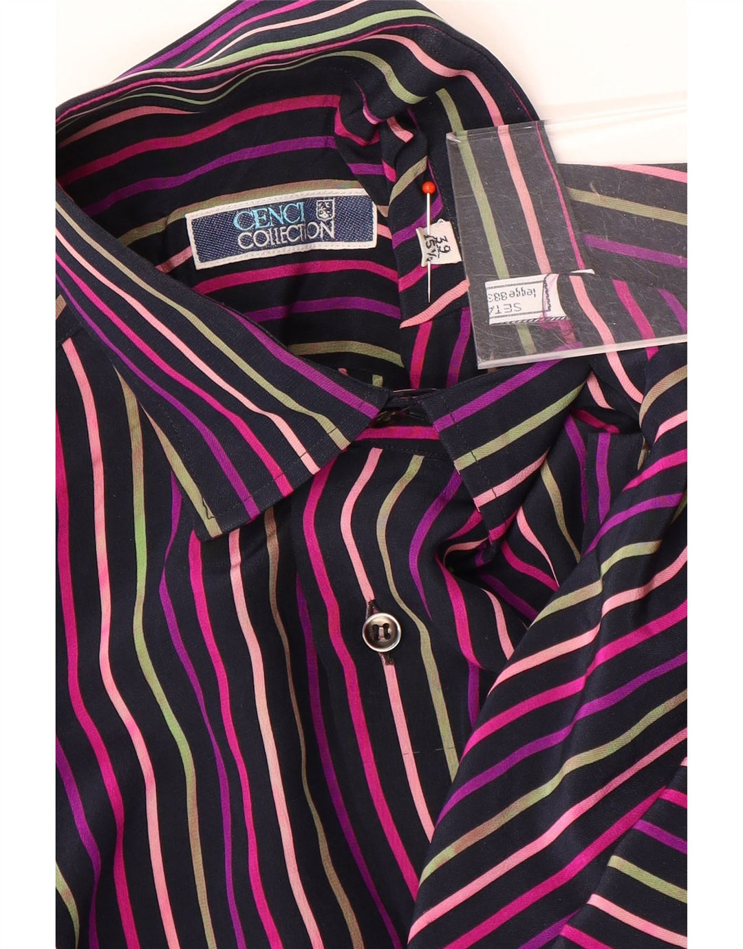 VINTAGE Camisa de hombre Talla 39 15 1/2 Seda a rayas multicolor mediana